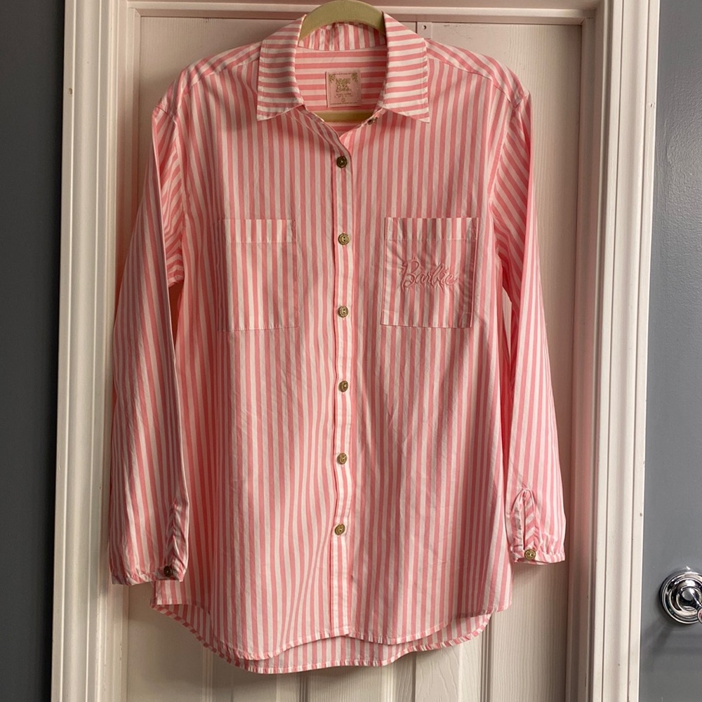 Show Me Your Mumu x Barbie Kelly Pink and White Stripe Button-up